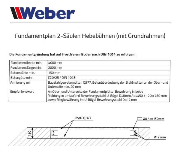 2 Säulen Hebebühne Weber Expert Serie Autolift 4.0G mit Grundrahmen
